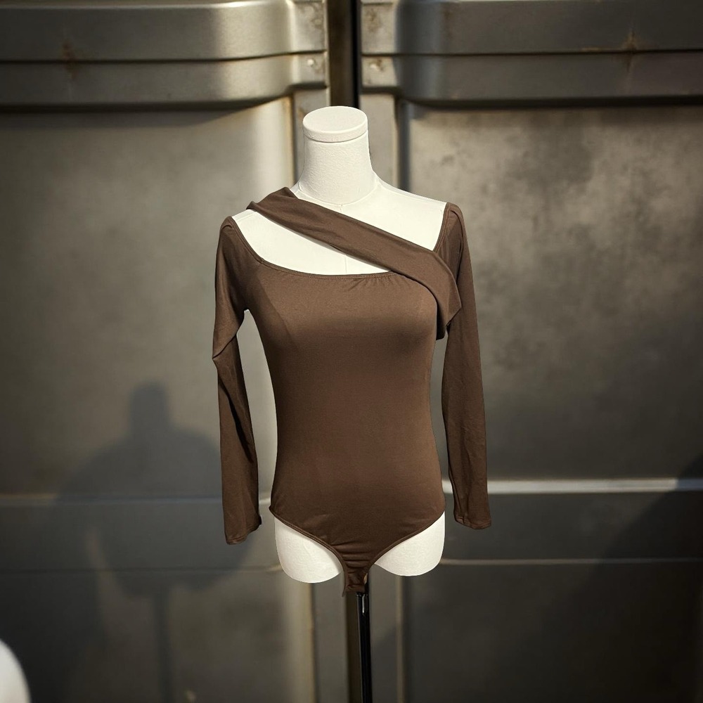 Asymmetrical Long Sleeve Brown Bodysuit